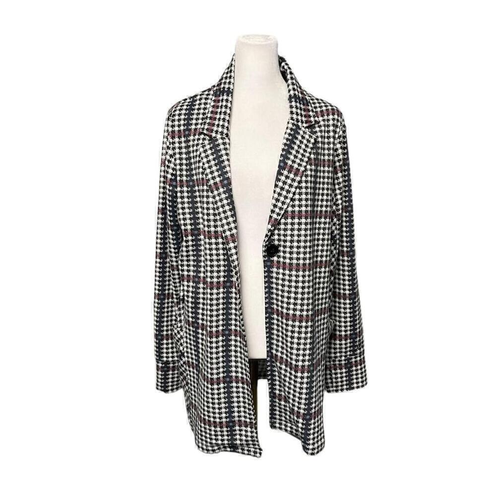 Cuddl Duds Black White Houndstooth Plaid Cardigan Blazer Stretch Size Medium